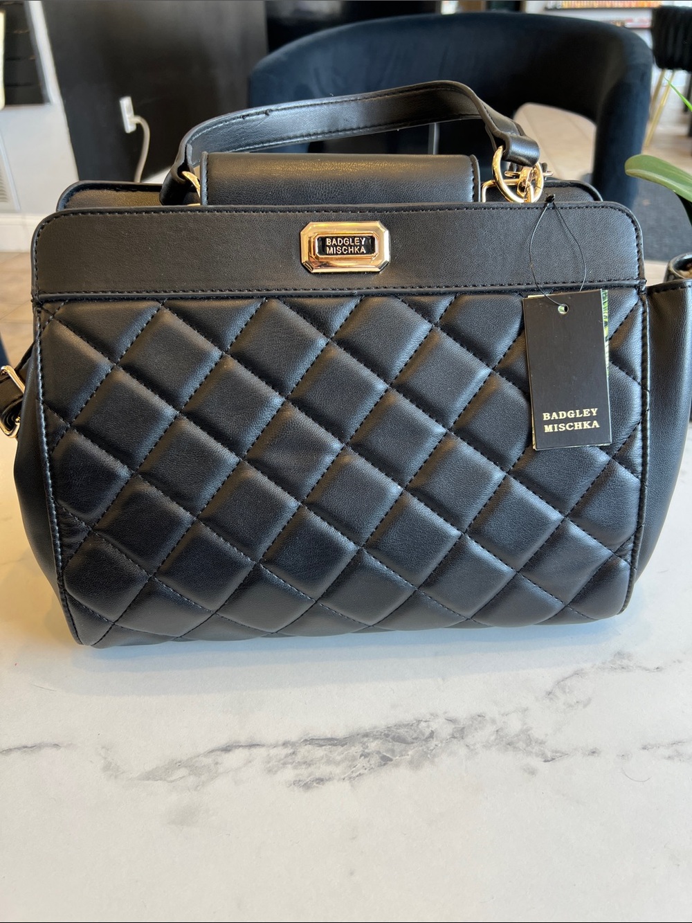 Badgley Mischka Black Quilted Top-Handle Satchel with Gold Hardware 🍓NWT🍓